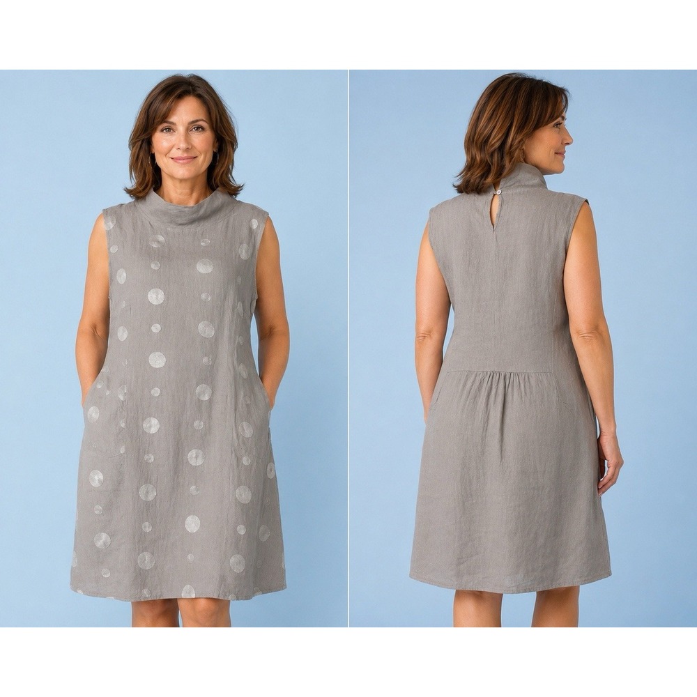 Lina Tomei Italian Linen Polka Dot Tunic Dress Taupe Lagenlook Minimalist L